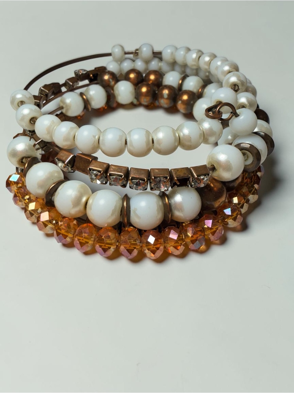 Multi-Strand White and Amber Bead Bracelet Set